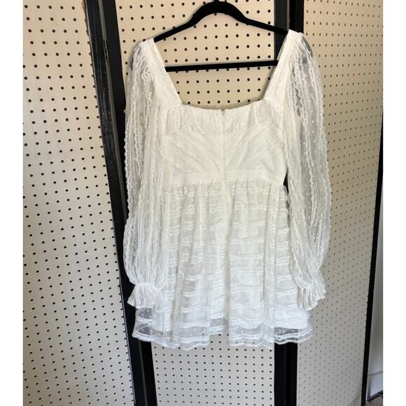 ML Monique Lhuillier White Lace Bishop-Sleeve Mini Dress Sz 0 — Bridal - Picture 5 of 10
